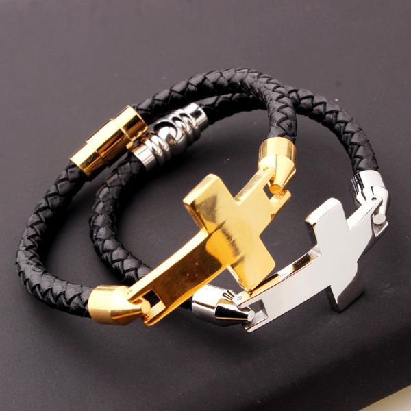 

new arrive 316l stainless steel silver/gold cross crucifix men's bracelet bangle genuine leather wristband jewelry 8.26"*6mm, White