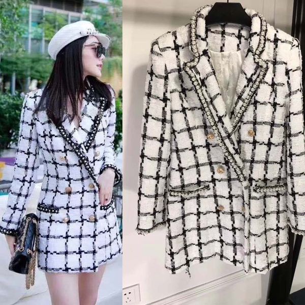 

woman blazer 2019 fashion plaid double breasted blazer vadim temperament silm tweed women blazers for office vintage coat, Black