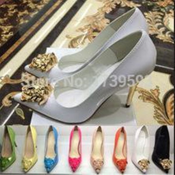 

nerw fashion spring autumn pointed toe gold ladies head high heel shoes black white patent leather dress shoes women's pumps size 34-42