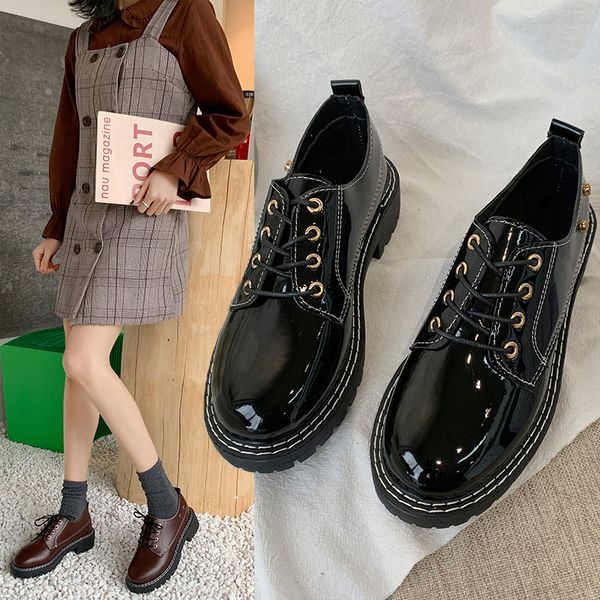 

all-match korean shoes casual female sneakers oxfords women's flats british style round toe 2020 new leather summer cross dress, Black
