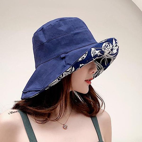 

2019 new women sun hat double sided print fisherman panama cap bob chapeau cotton brand summer bucket hat for women hip hop, Blue;gray