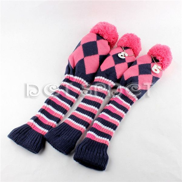 

tri pack pink knit pompom golf headcovers head covers for driver fairway wholesale