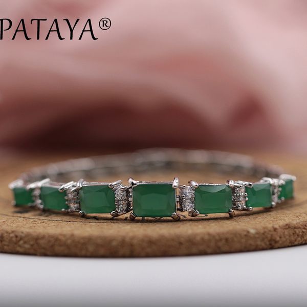 

pataya new arrivals single row green square natural zircon long bracelets women wedding jewelry true white gold link bracelet 17, Golden;silver