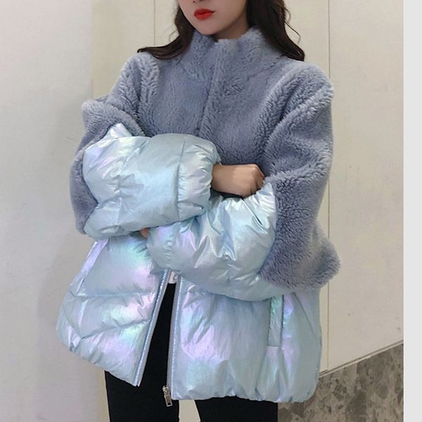 

stand collar women's korea style plush down jacket fashion women lamb imitation splicing jacket coat warm long sleeves overcoat, Black