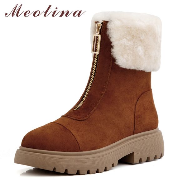 

meotina winter warm wool snow boots women square heel ankle boots real fur zipper round toe shoes ladies size 35-40, Black