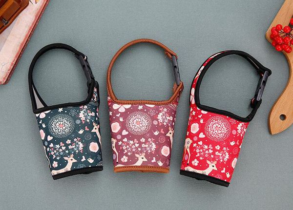 

24 colors neoprene cup sleeve handle 24 styles elk printed insulated sleeve carrier holder for 700ml cup bottle with grip handle fa3043