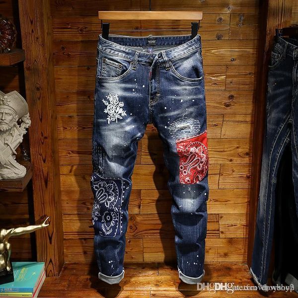 

men's 2020 luxury designer jeans rock & roll revival straight tube classic square jeans skinny patch brand men's jeans, Blue