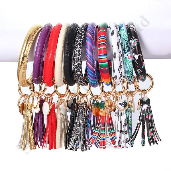 

women tassels bracelets pu leather wrap key ring leopard lily print keychain wristband sunflower drip oil bangle bracelet chains dhl a101702, Red;brown