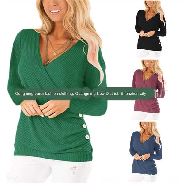 

2019 women's autumn v-neck long t-shirt buttons button sleeve hem button t-shirt top, White