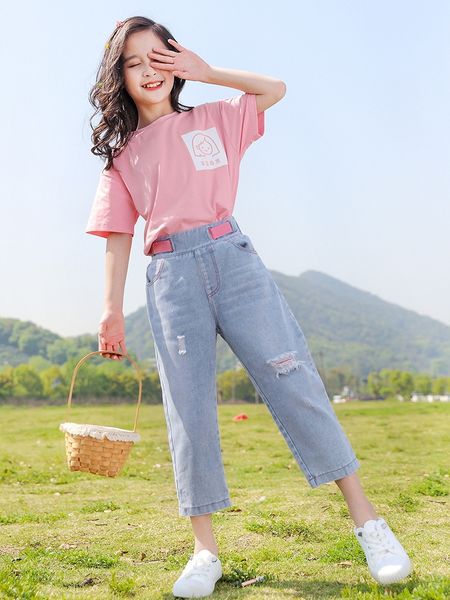 

zfell girls suit summer clothes 2020 medium and large children's foreign style girl striped short sleeve denim two-piece set trousers a