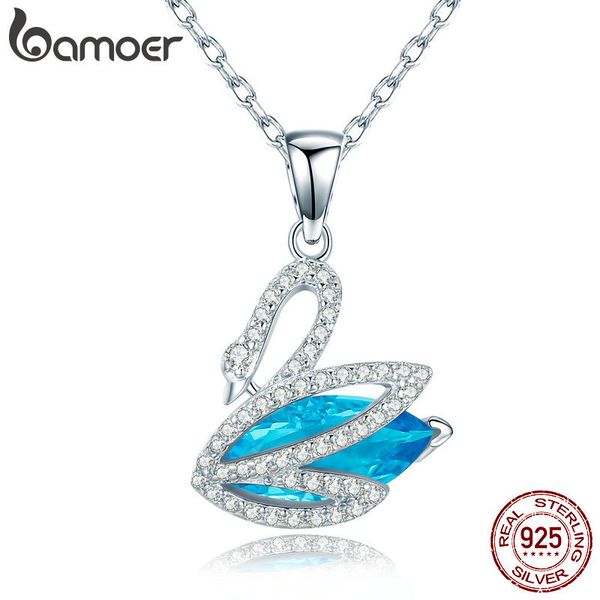 

bamoer romantic new 925 sterling silver blue cz & elegant swan pendant necklaces for women sterling silver jewelry collar scn303