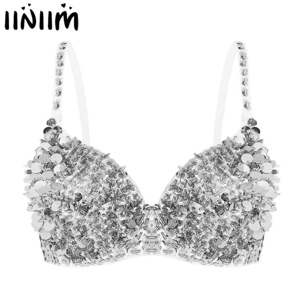 

iiniim womens fashion diamond bra costume sequins beading padded bra for raves belly dancing night clubwear, Black;red