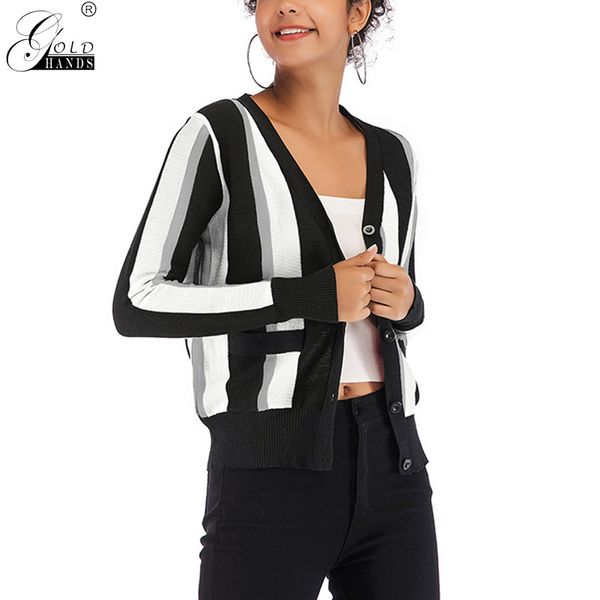 

gold hands new arrival office lady warm cardigan women sweaters button winter slim knitwear striped casual female plus size, White;black
