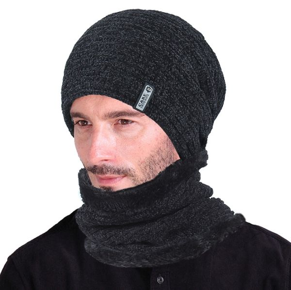 

men's autumn winter new fashion wool beanie hat plus velvet outdoor ski hat scarf set thick warm peas kintted beanie cap wholesale, Blue;gray