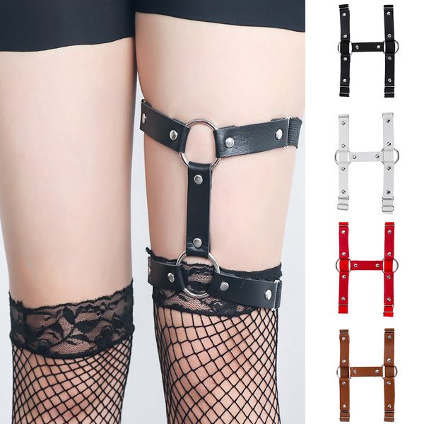 

2019 harajuku style pu leather garter belt for women punk leather garters leg ring harness one adjustable size, Black;white