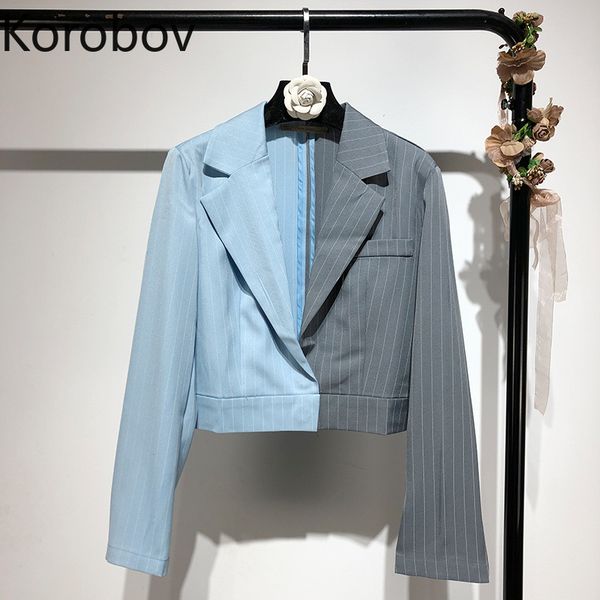 

korobov women hit color patchwork striped short blazer new arrival long sleeve hidden breasted female blazers 77807, White;black