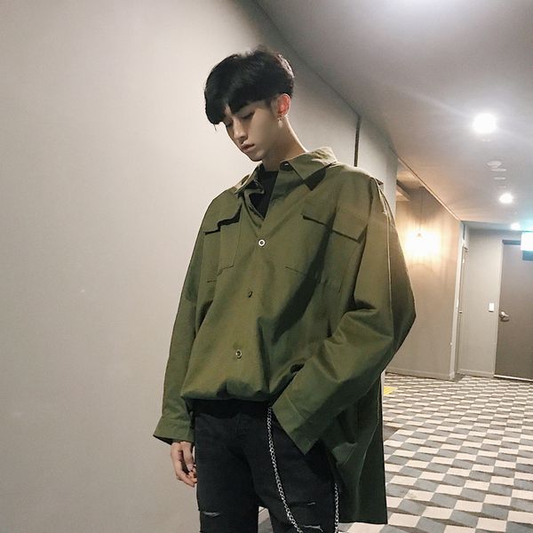 

2018 korean style men's fashion brand male coats long sleeves shirts loose casual black/green/khaki color cotton clothes -xl, White;black