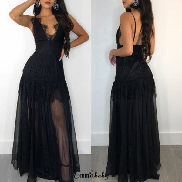 

maxi dresses black lace long dress women 2018 patchwork casual sleeveless oversized split loose summer dresses, Black;gray