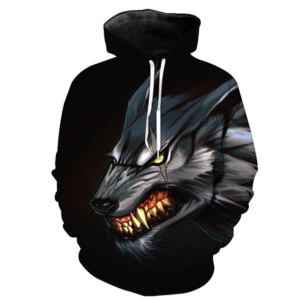 

wolves printed hooded pocket pullover men's tide hooded men's vests sweatshirts printing blouse hoodies, Black