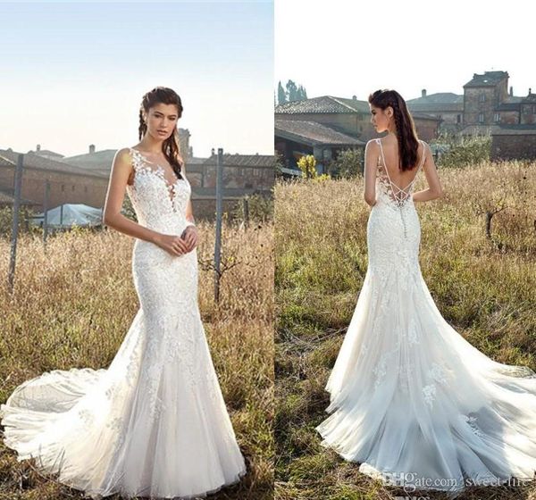 

2020 stunning mermaid lace bridal dresses open back long chiffon sleeveless bridal gowns for country summer beach wedding, White