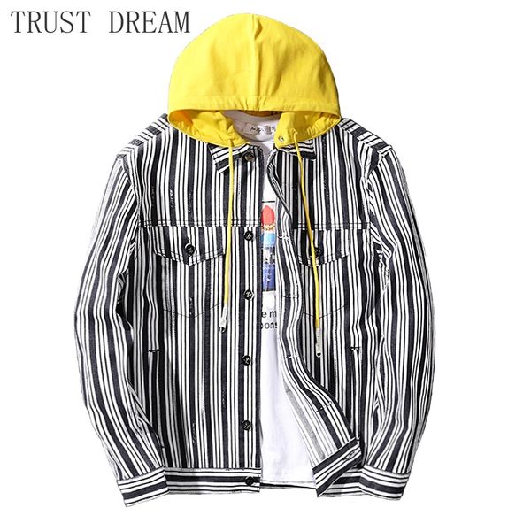 

2019 new man casual denim jacket slim white stripe yellow hoodies men cool jackets streetwear hip hop cool male quality coats, Black;brown