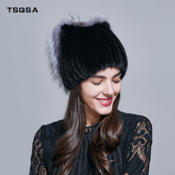 

tsqsa зима теплая вязаная норковая шапка для женщин 2019 модный-роман реальный натуральный мех девушки шапка с серебряными меховыми шапками, Blue;gray