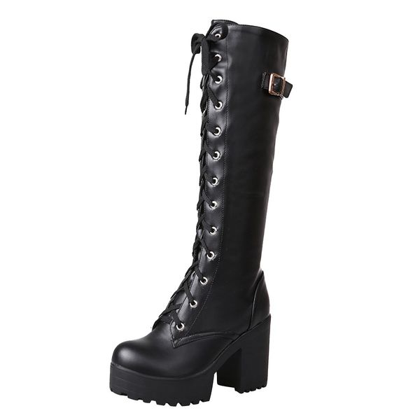 

sagace women high heel lace up platform knee high boots women square heel boot snow boot shoe 2019, Black