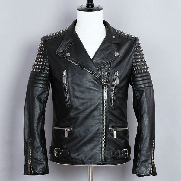 

2020 fashion punk style metal rivet motorcycle men cowskin genuine leather jacket black slim turn-down collar biker coat