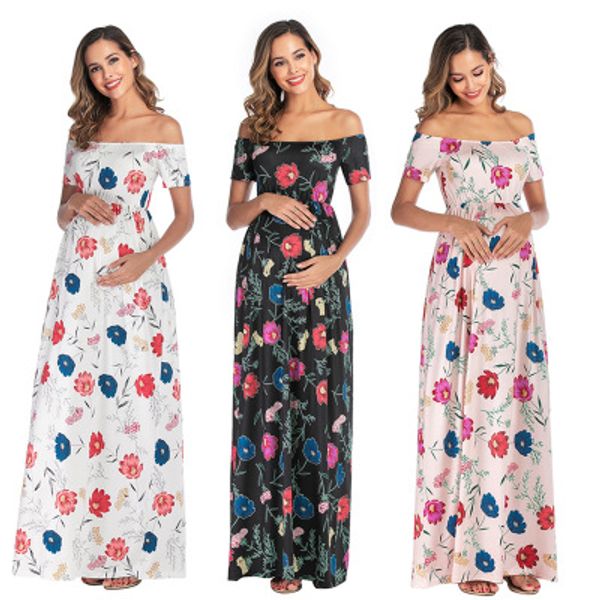 

2020 european and american women's new summer foreign trade explosion short-sleeved shoulder printing maternity dress, White