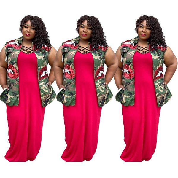 

summer women coats green camouflage red sequin lip pockets sleeveless vests lady jackets plus size xl--5xl new arrivals turn down neck, Black;brown