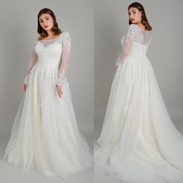 

2020 new arrival wedding gowns a line jewel neck long sleeve plus size wedding dresses sweep train tulle lace applique button bridal gowns, White