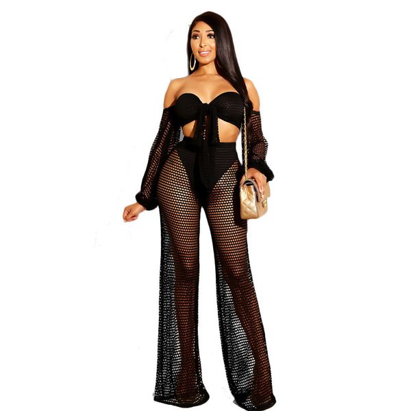 

2019 women fishnet mesh two piece sets summer new party club outfits bow crop pant suit women 2 two piece beach set, White