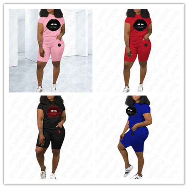 

2020 women tracksuit 2 piece shorts sets summer outfits lips print short sleeve t-shirt + shorts pants sweatsuit clothing new d41002, Gray