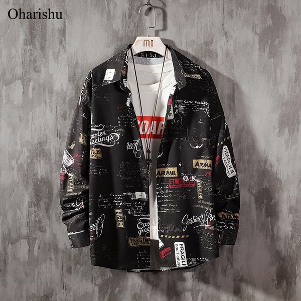 

spring men's casual shirt new fashion letters graffit printed long sleeve shirts mens clothes trend business shirt plus size 5xl, White;black