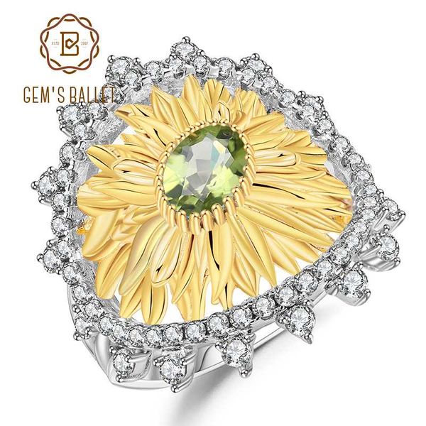 

gem's ballet 925 sterling silver handmade ring for women engagement 1.00ct natural peridot gemstone sunflower rings fine jewelry, Golden;silver