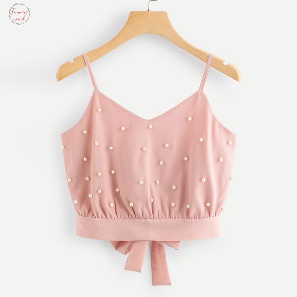 

womens fashion vest chiffon cropped tank ladies camisole sleeveless solid pearl beading camis regata feminina 2019 new, White