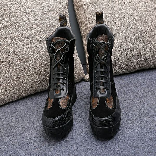 

2020 europe and america ankle boots comfortable lace-up womens thick bottom waterproof heel shoes genuine leather high-end martin boots, Black