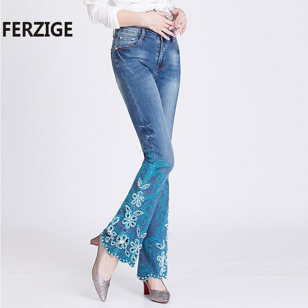 

ferzige women jeans high waist stretch light blue embroidery flares pants hand beads jeans for woman hollow out bell bottoms