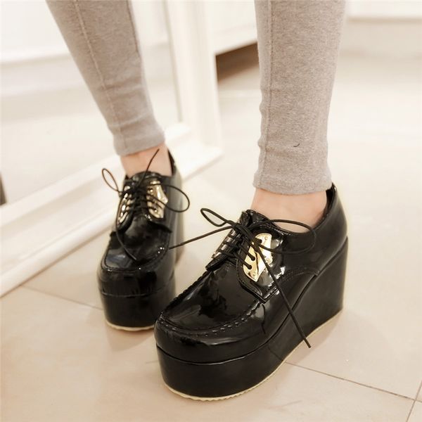 

new 2019 spring womens punk gothic thick platform creepers wedge high heel lace up round toe pumps dress shoes, Black