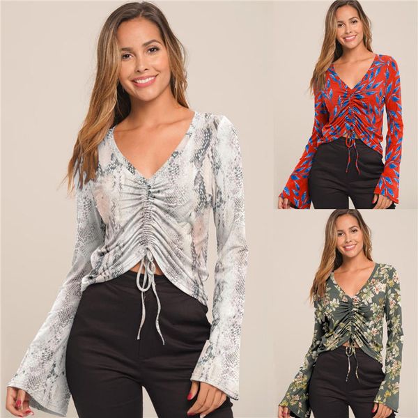 

v neck womens designer tshirts bell sleeve floral printed autumn female fashion casual womens apparel new arrival, White