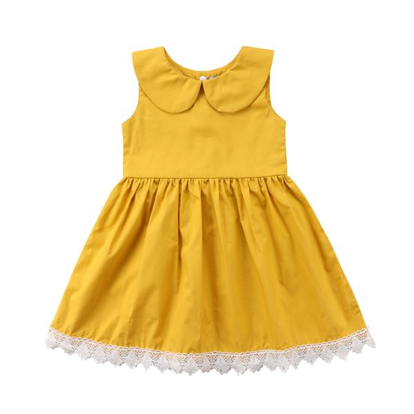 

2019 newborn toddler kids baby girls sleeveless collar floral sleeveless party pageant lace dresses yellow summer clothes, Red;yellow