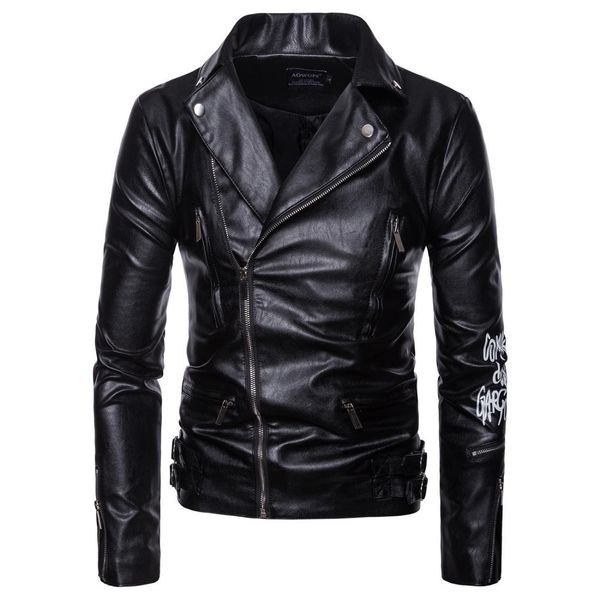 

men's leather jacket europe and america classic motorcycle leather jacket letters printed pu biker male outerwear m-5xl, Black
