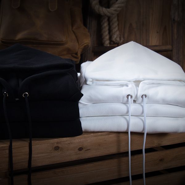 

460g important white hooded solid color men's hoodie pure cotton looped fabric plus velvet drawstring black and white with patte
