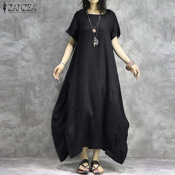 

2020 zanzea summer o neck shirt dress vintage solid cotton long sundress women short sleeve asymmetrical vestidos female katfan, Black;gray