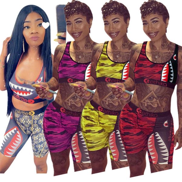 

camouflage women swimwear sleeveless vest crop + shorts two piece suit summer shark print tanks short pants outfits sportswear set, Blue