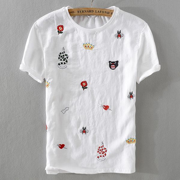 

new trend summer men short sleeve t-shirt linen white fashion loose t shirts embroidery stitching tshirt male camiseta m-3xl, White;black