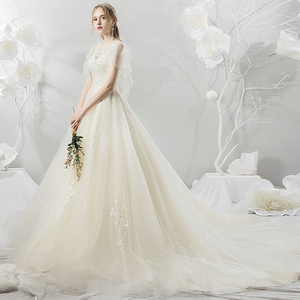 

new light champagne one-character flying sleeved princess dream wedding light wedding dress mori, White