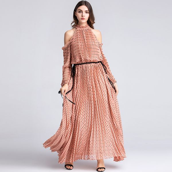 

элегантное платье с длинным рукавом мода люкс 2019 лето с длинным рукавом с открытыми плечами обнаженная розовый 3d-платье макси с плиссиров, Black;gray