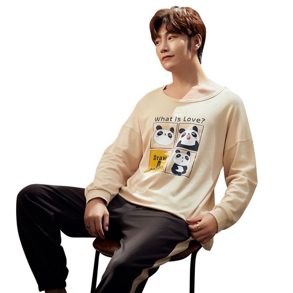 

2019 new men pajamas long-sleeved cartoon printing casual cotton pyjamas round neck home clothing suit men autumn casual pajamas, Black;brown
