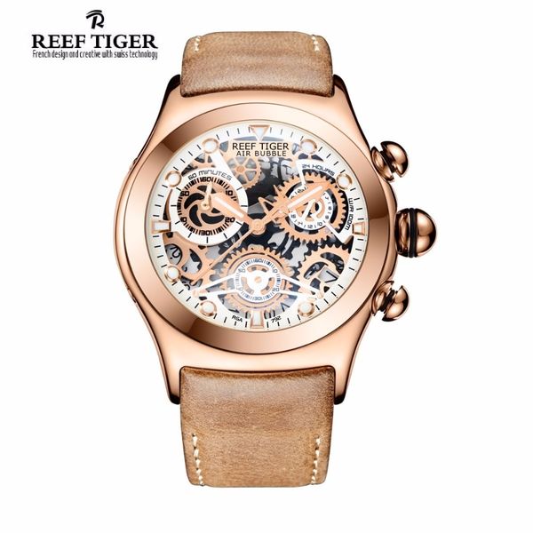 

reef tiger/rt chronograph sport watches for men skeleton dial with date three counters luminous rose gold unique watches rga792, Slivery;brown